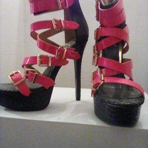Pink and black buckle ankle strap platform shoes size 7.